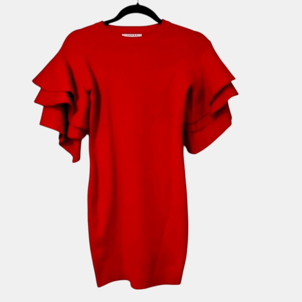Favlux Womens Red Knit Ruffle Sleeve Bodycon Mini Dress Sz S